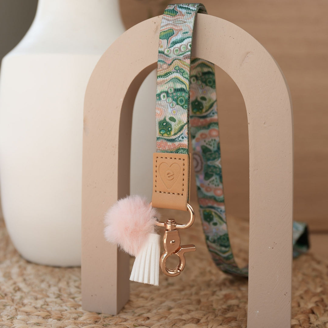 Sacred Grandparent Tree teacher lanyard by Holly Sanders full length, gold clasp, peach pom pom, white tassel