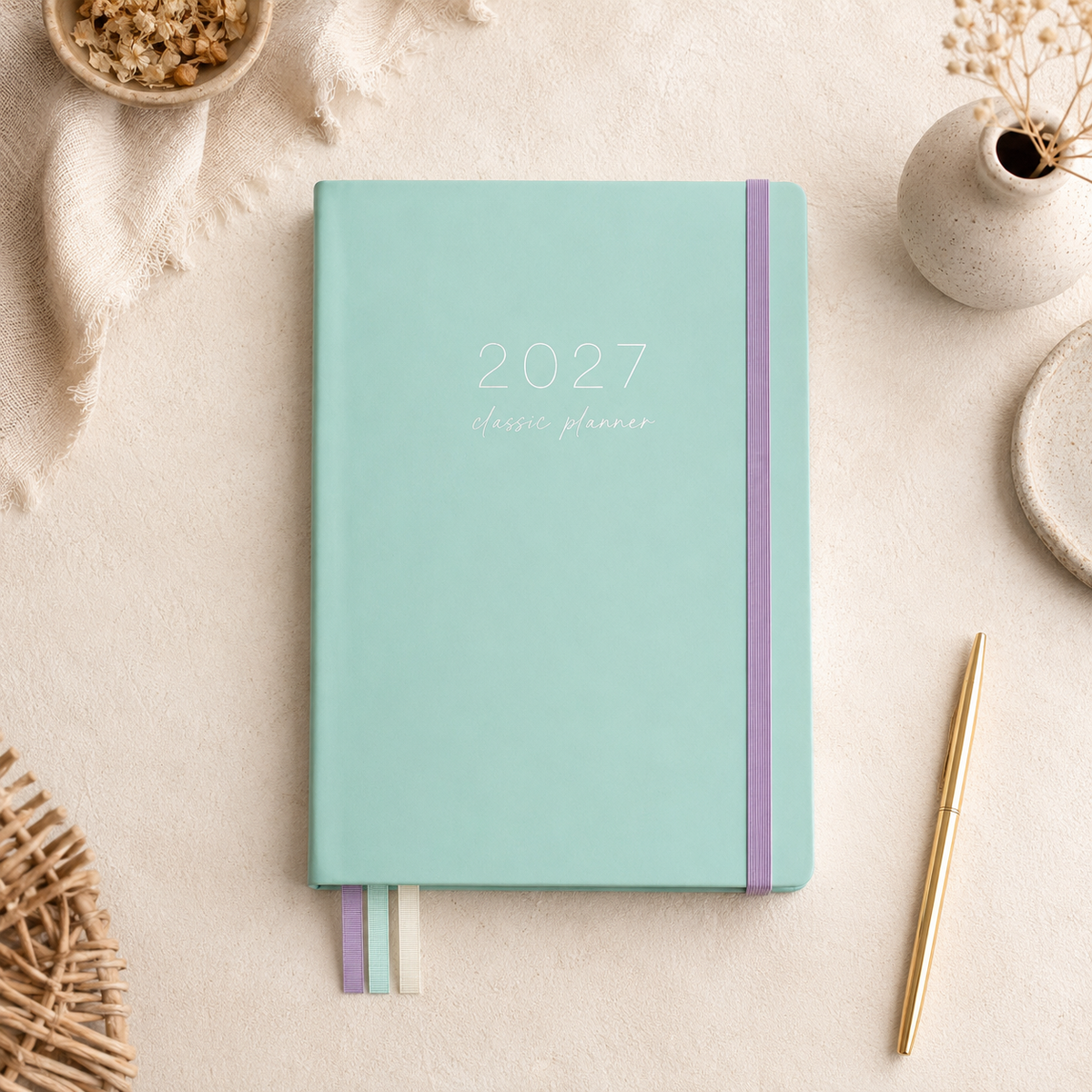 2027 Seafoam Classic Weekly Teacher Planner styled lifestyle scene