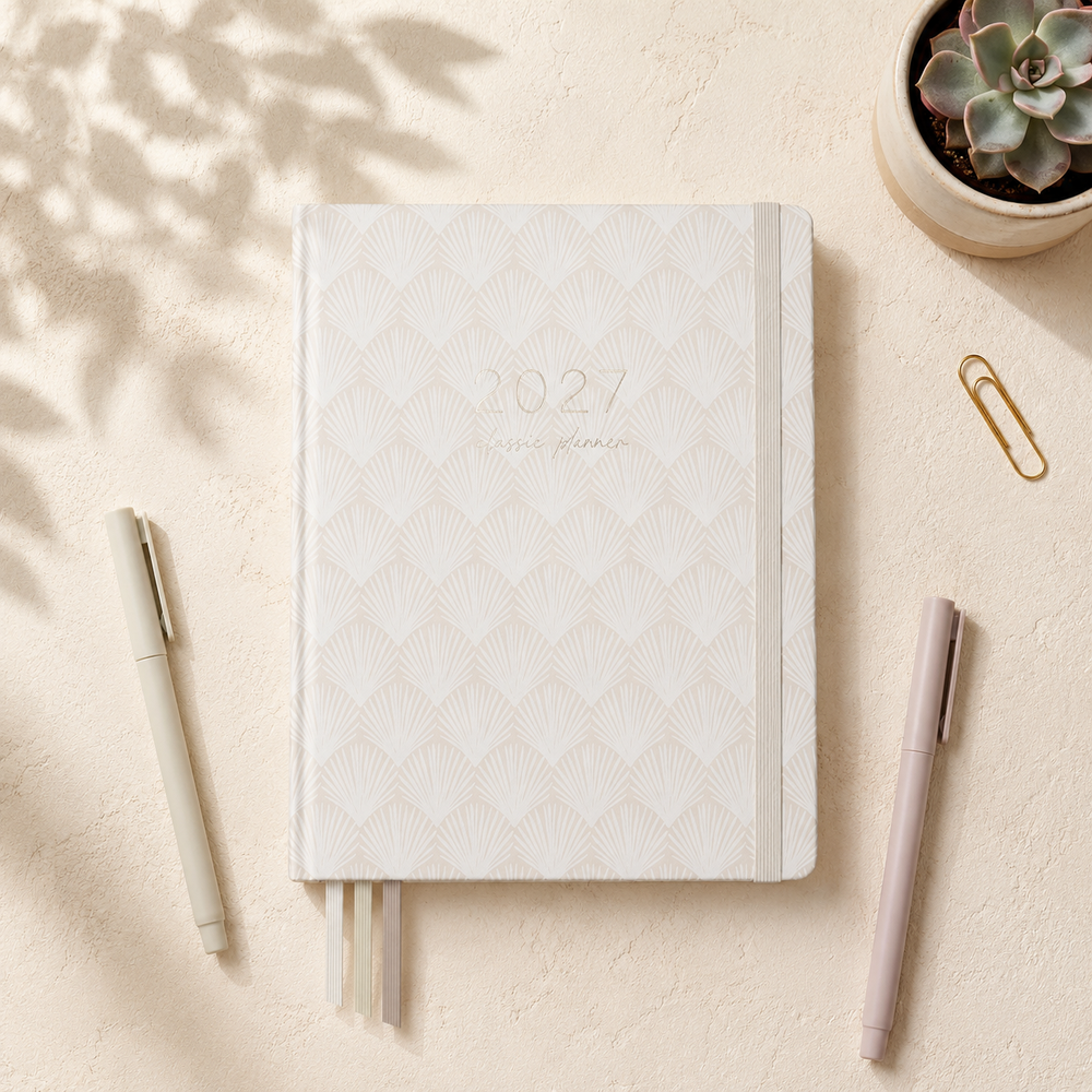 2027 Shells Classic Weekly Teacher Planner styled lifestyle scene