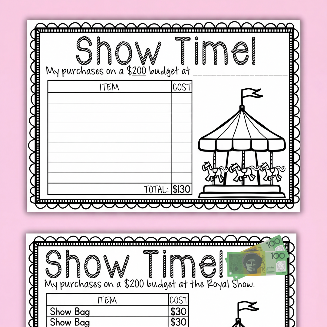 Two versions of a budgeting activity sheet titled 'Show Time!' for primary students, including a carousel illustration and itemised cost list for adding expenses.