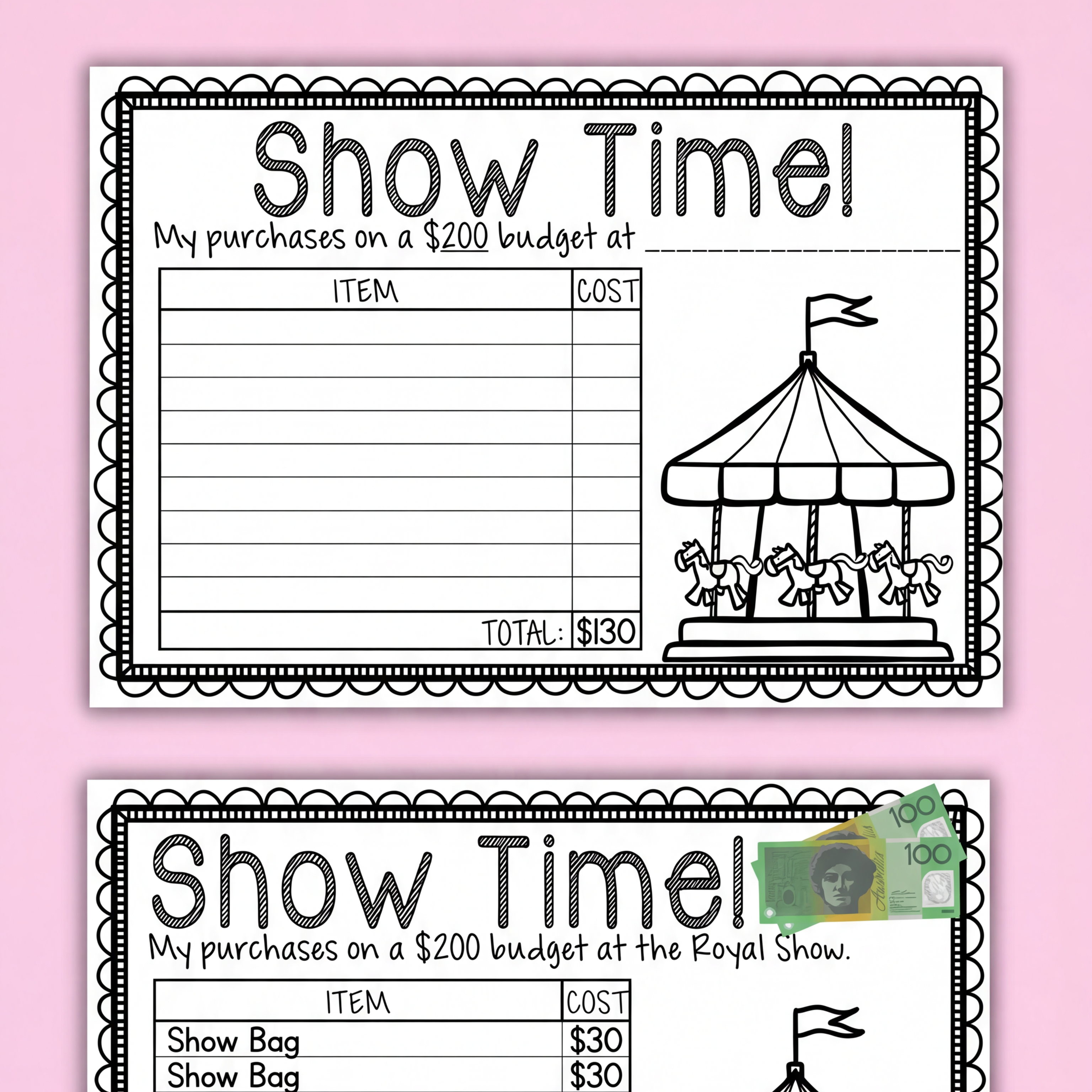 Two versions of a budgeting activity sheet titled 'Show Time!' for primary students, including a carousel illustration and itemised cost list for adding expenses.