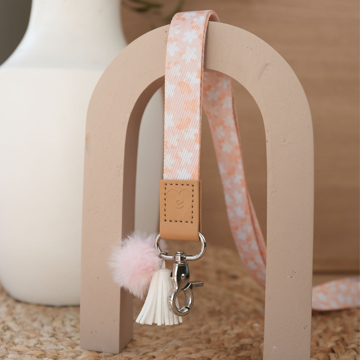 So Sweet floral teacher lanyard by Cass Deller full length, silver clasp, peach pom pom and white tassel