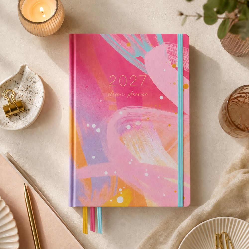 2027 Solar Glow Classic Weekly Teacher Planner styled lifestyle scene