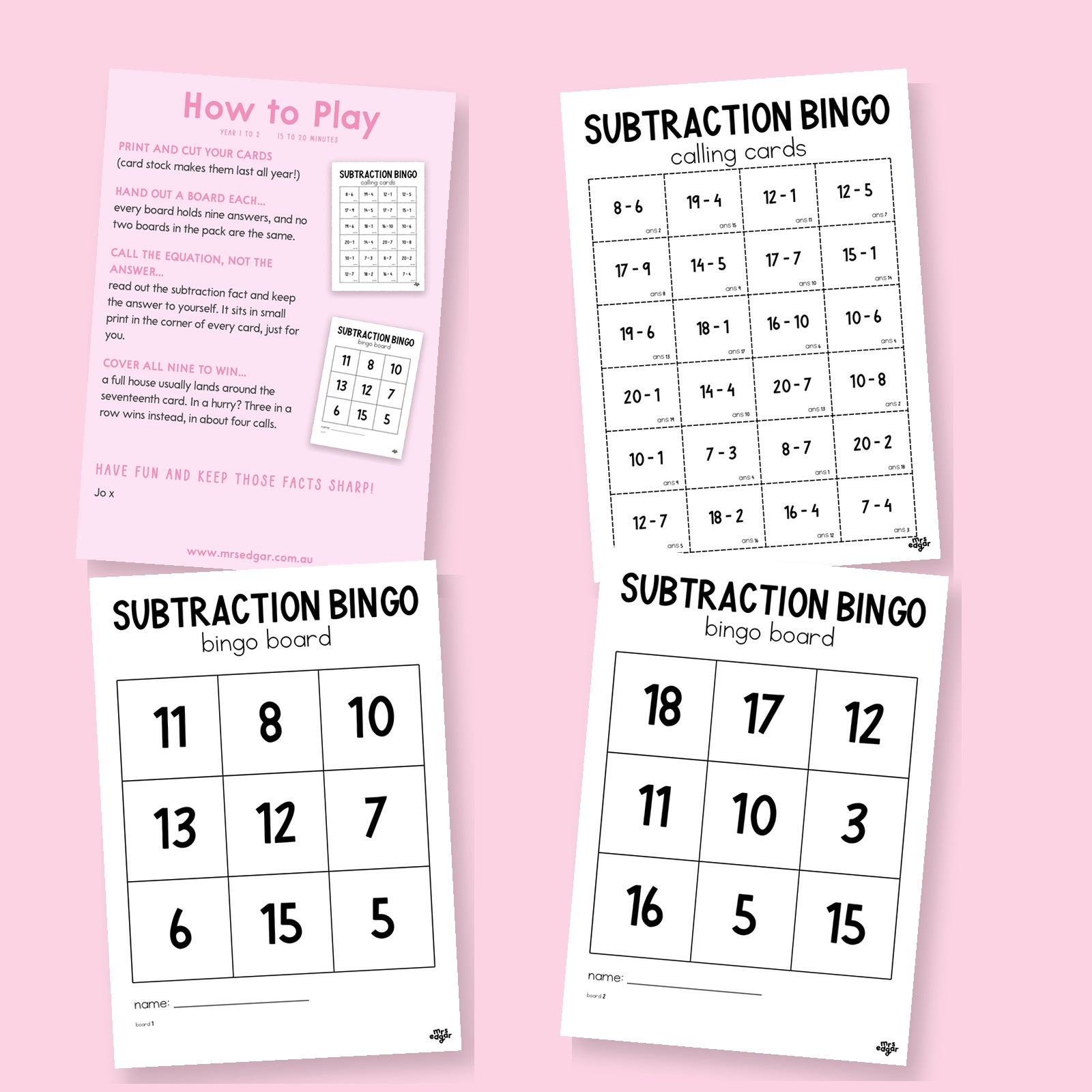 Subtraction Bingo Game | Subtraction Within 20 | Years 1–2 Maths