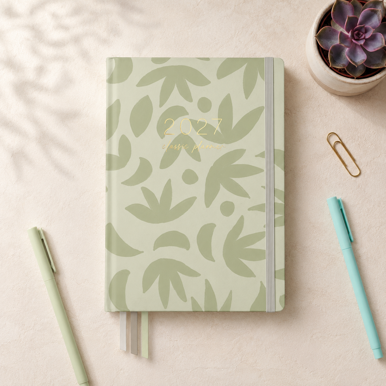 2027 Sunburst Sage Classic Weekly Teacher Planner styled lifestyle scene