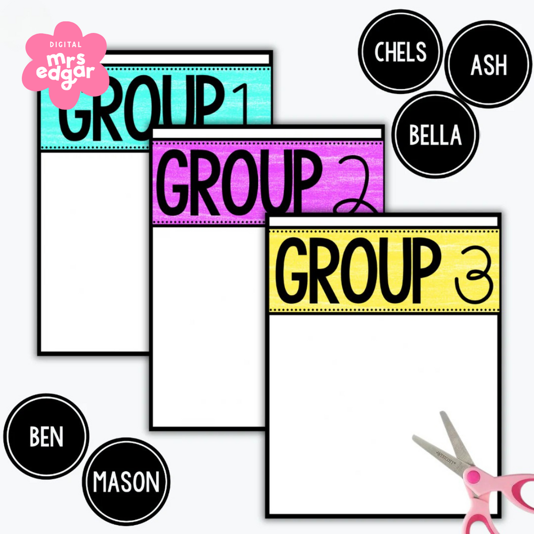 Colourful group display posters labeled "Group 1", "Group 2", and "Group 3" with editable black circular name tags for students including names like Chels, Ash, Bella, Ben, and Mason. A pair of scissors suggests cutting them out for use.