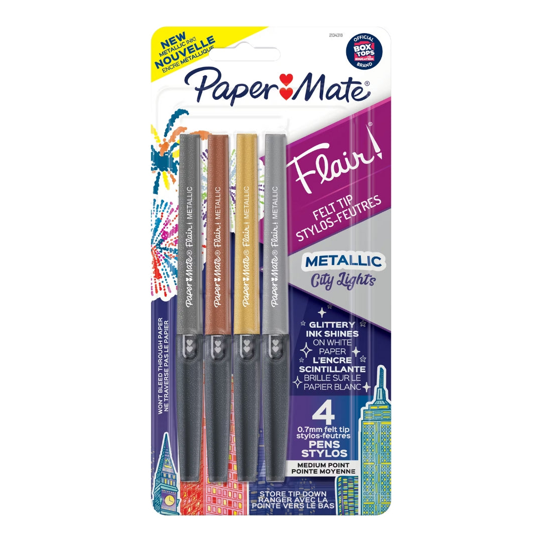 Pack of Paper Mate Flair metallic pens with colourful packaging on a white background