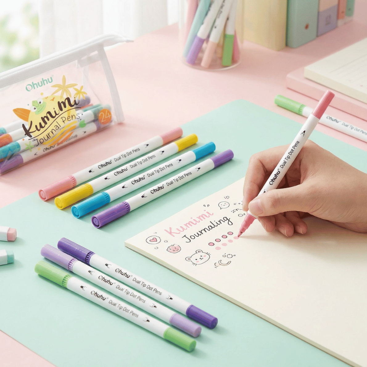 Teacher using dual tip dot pens for journaling and classroom activities, colourful teacher pens for creative learning, planning and student engagement