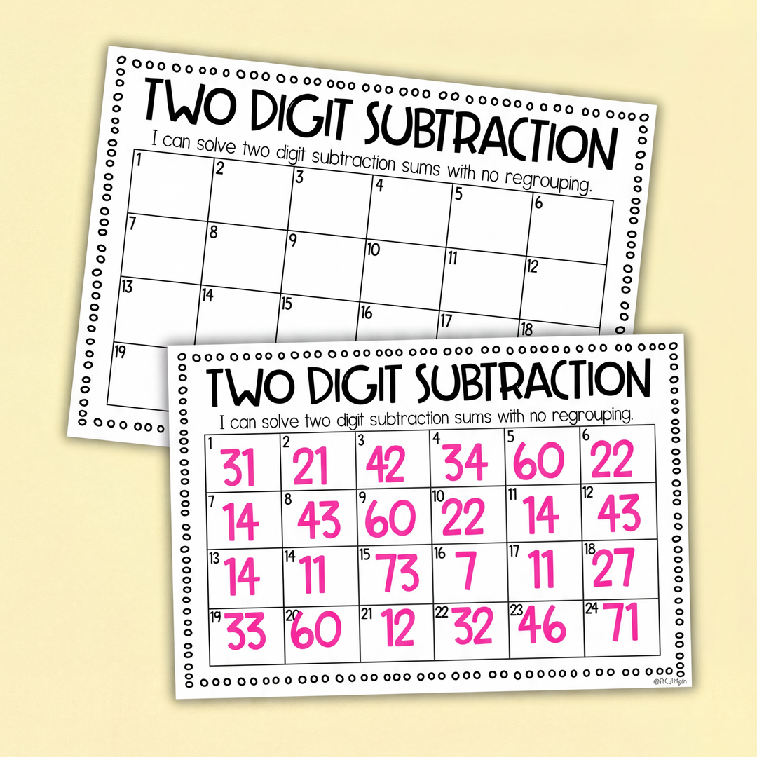 Includes a blank and completed two-digit subtraction answer sheet alongside task cards, encouraging interactive student participation.