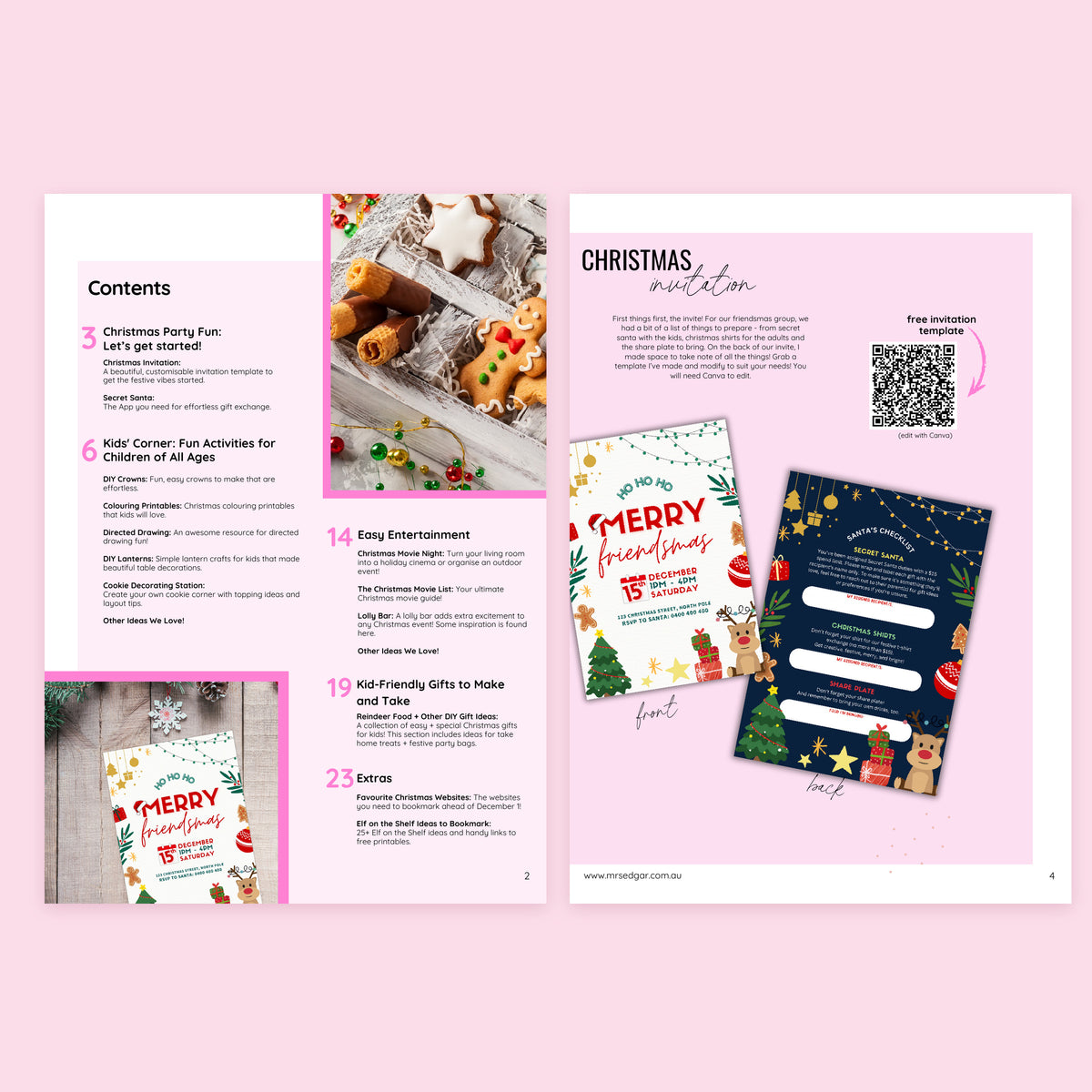 Contents page and free Christmas party invitation template pages from the Ultimate Christmas Handbook