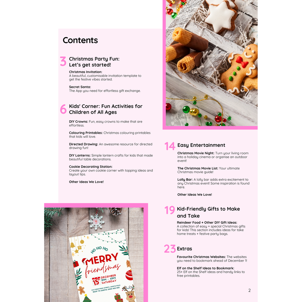 Contents page of the free Ultimate Christmas Handbook by Mrs Edgar listing party, kids activity and gift ideas