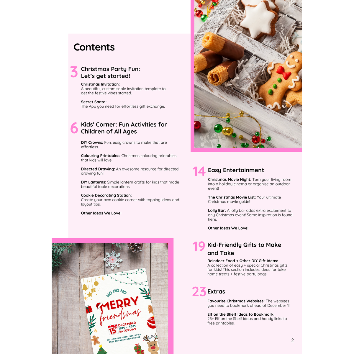 Contents page of the free Ultimate Christmas Handbook by Mrs Edgar listing party, kids activity and gift ideas