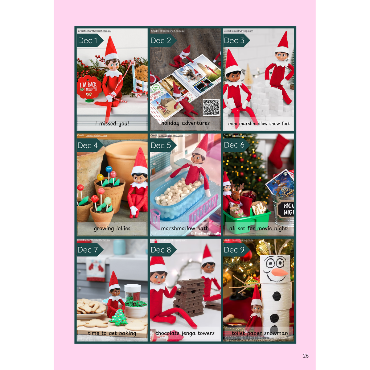 Elf on the Shelf daily ideas calendar from the free Ultimate Christmas Handbook by Mrs Edgar