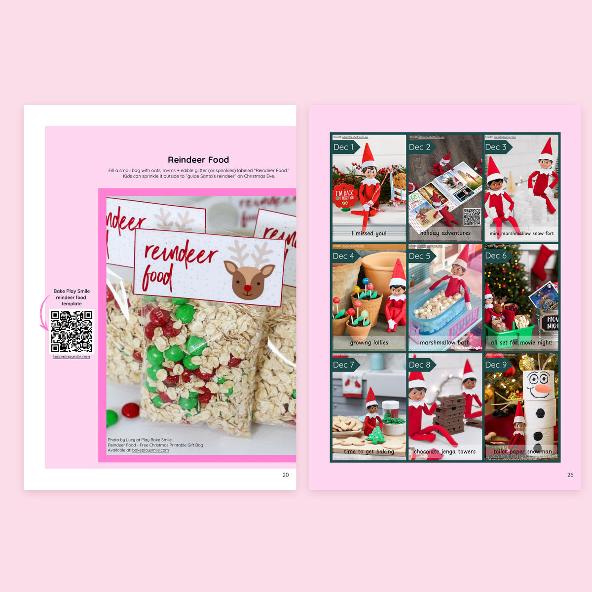 Reindeer food gift idea and daily Elf on the Shelf ideas calendar inside the free Christmas handbook