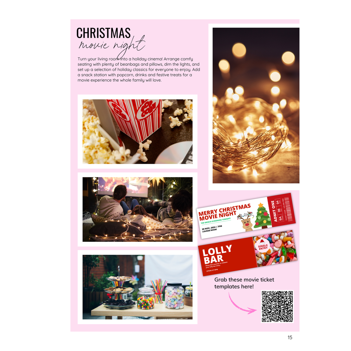 Christmas movie night page from the Ultimate Christmas Handbook with printable movie ticket templates
