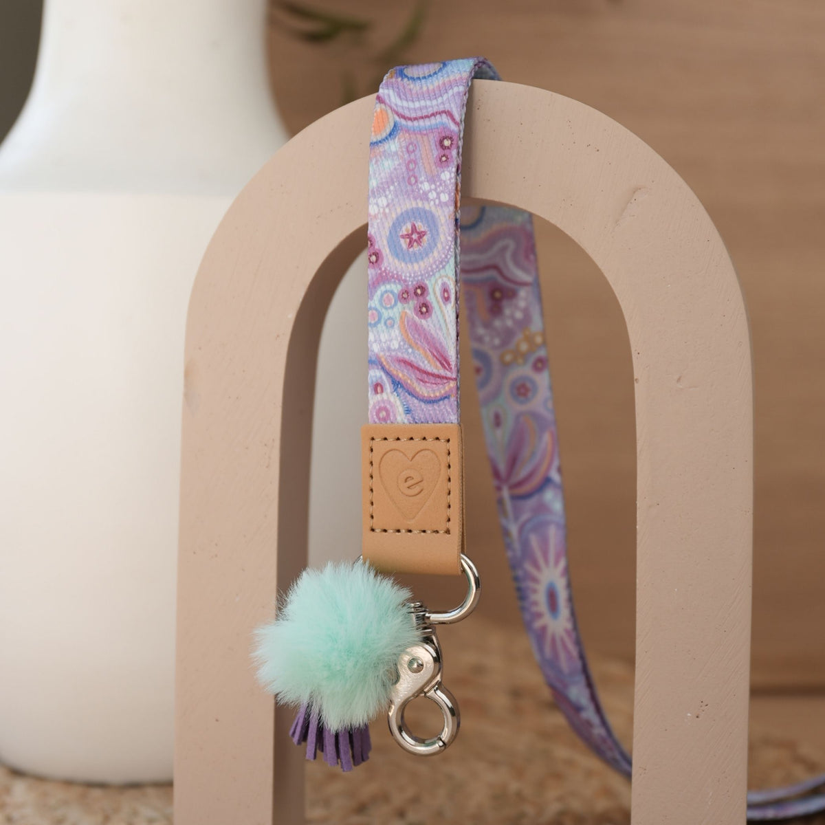 Walking With the Stars teacher lanyard by Holly Sanders full length, silver clasp, mint pom pom, lilac tassel