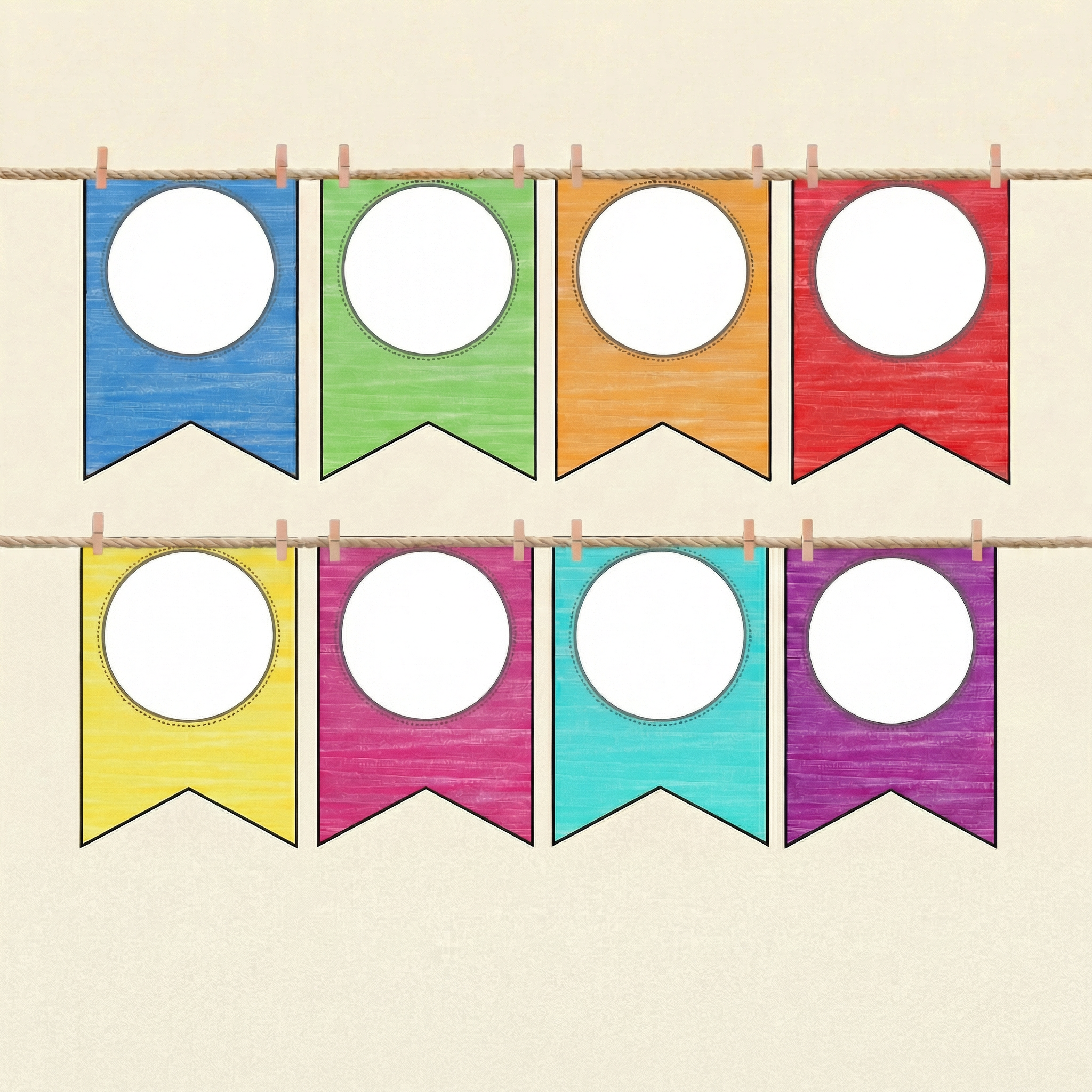 Colourful classroom banner flags with blank white circles, clipped onto a string, ideal for student names, photos, or classroom displays