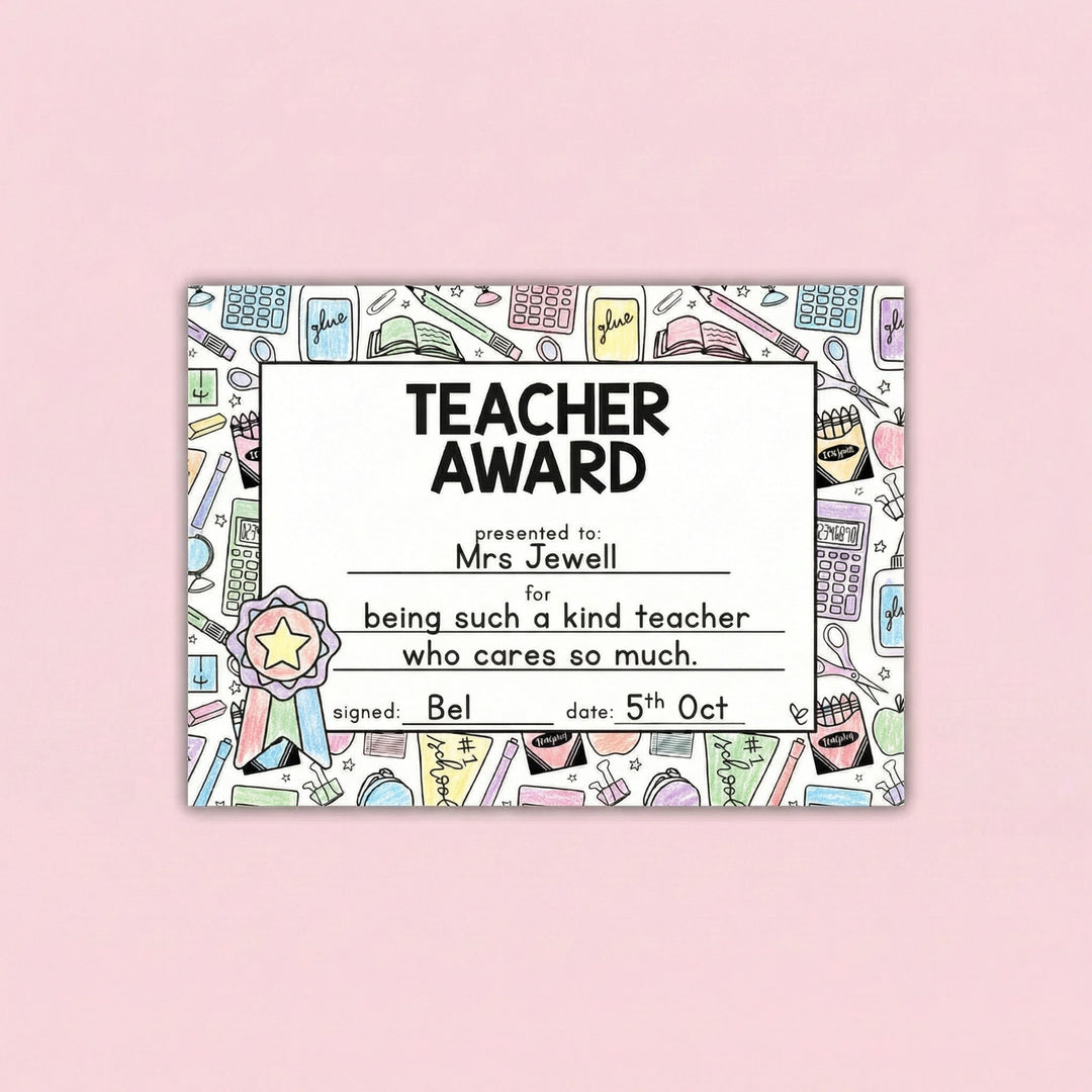 Teacher award certificate craft for teacher appreciation, World Teachers’ Day, thank-you gifts, and classroom celebrations.
