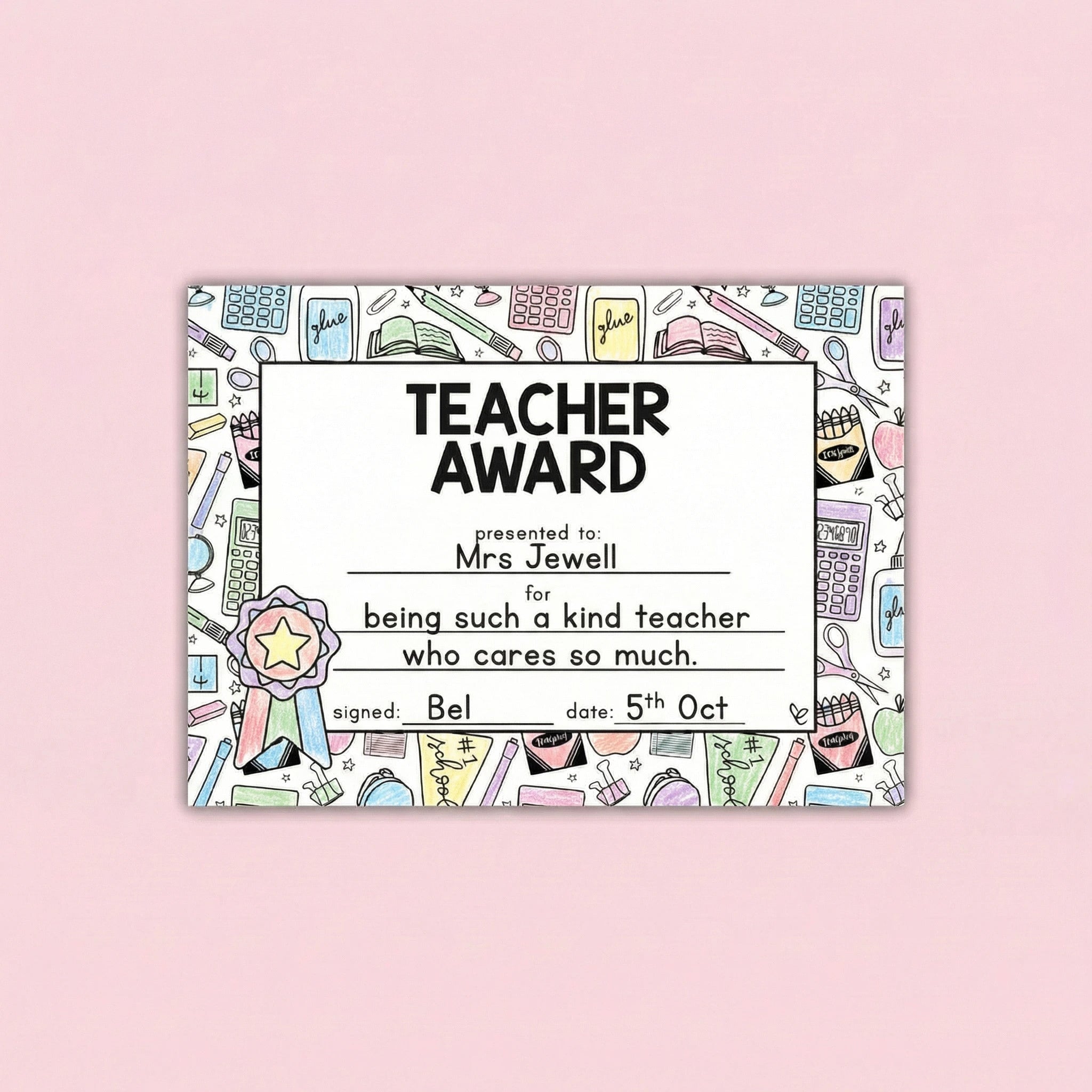 Teacher award certificate craft for teacher appreciation, World Teachers’ Day, thank-you gifts, and classroom celebrations.
