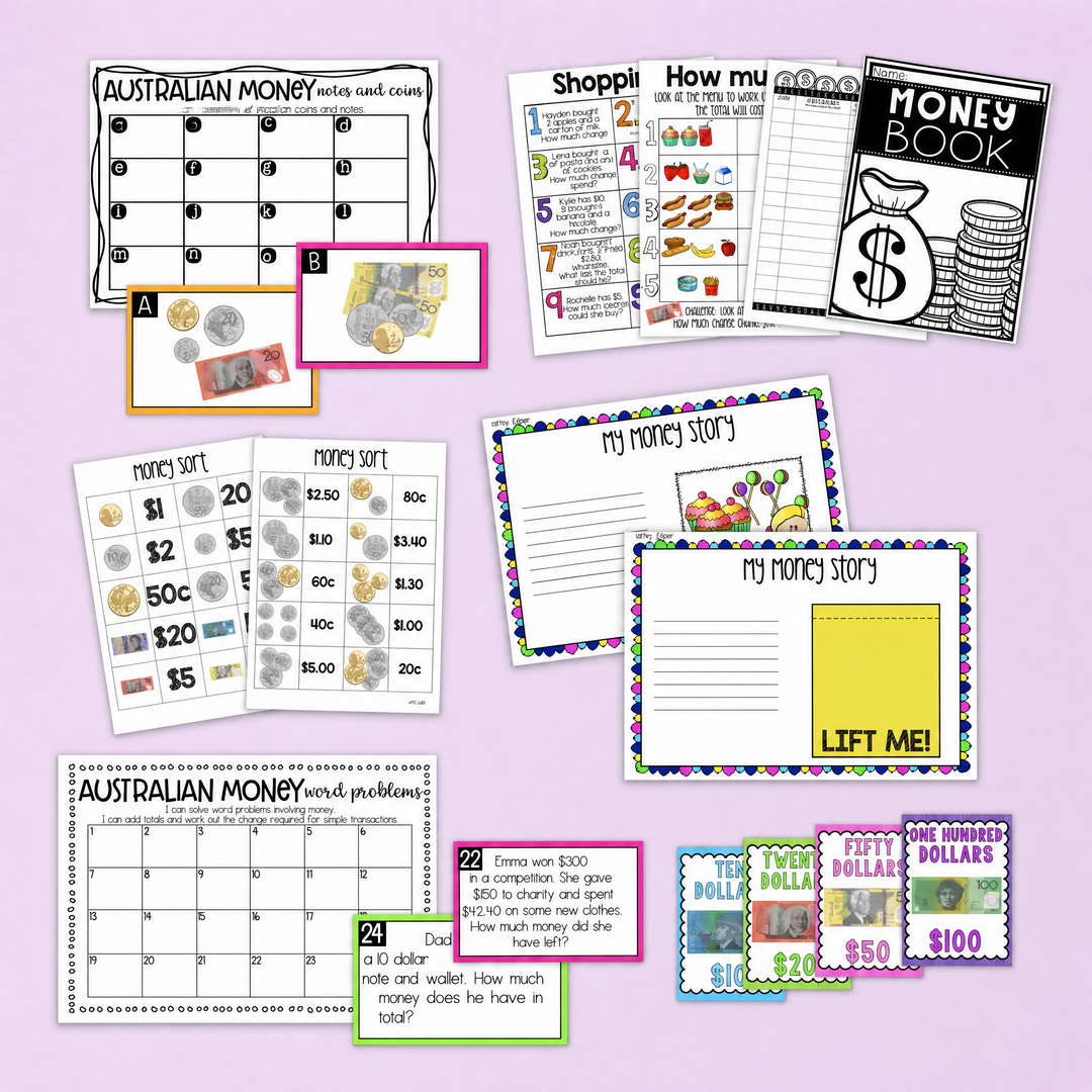 Printable Australian money activities bundle for Year 3 maths featuring coins and notes recognition, money word problems, shopping tasks, money sorting games, financial literacy worksheets, writing activities, and interactive classroom resources. Engaging hands-on maths pack designed to teach counting money, calculating change, budgeting, problem solving, and real-world money skills. Perfect for Year 3 classrooms, maths centres, homeschooling, intervention groups, independent work, and Australian curriculum