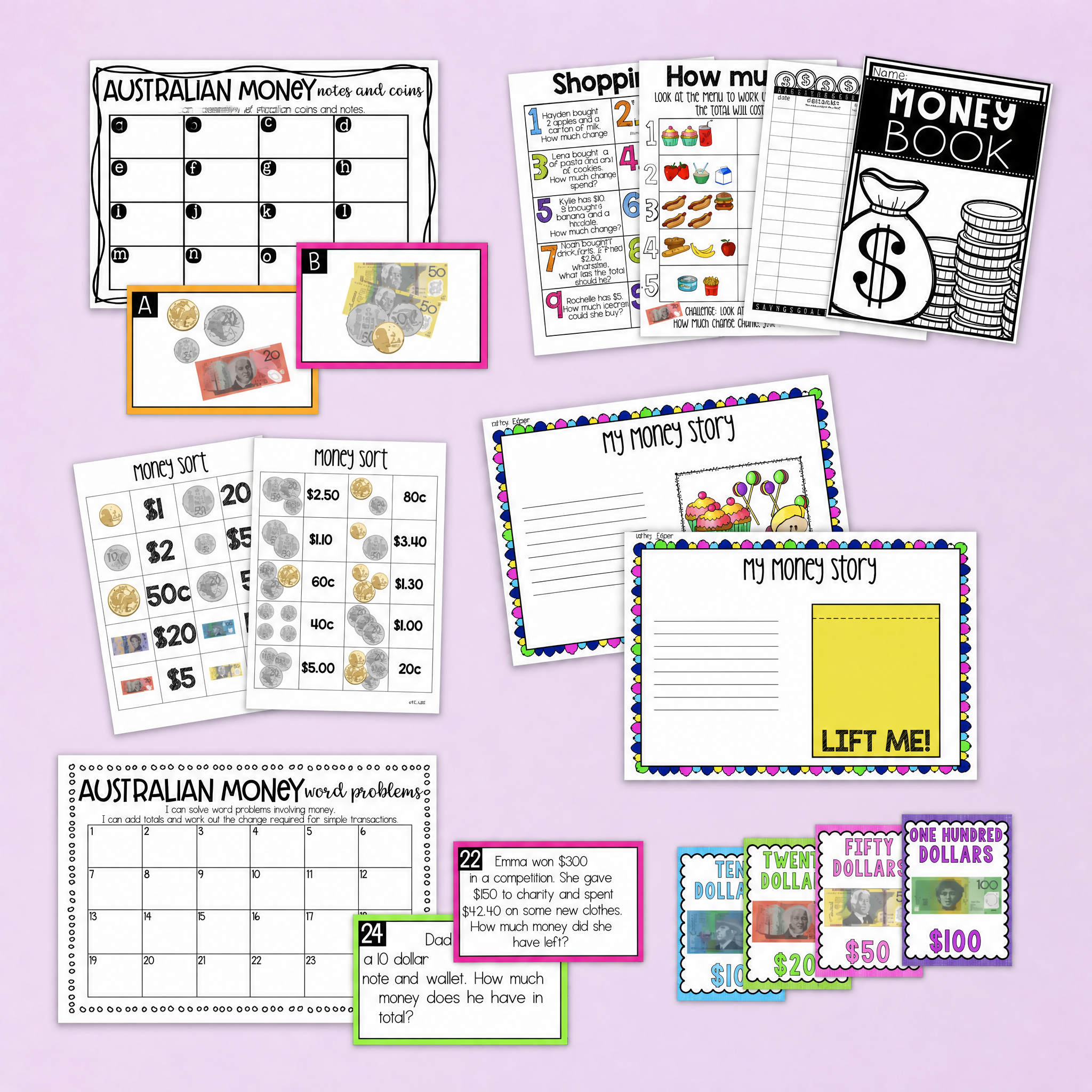 Printable Australian money activities bundle for Year 3 maths featuring coins and notes recognition, money word problems, shopping tasks, money sorting games, financial literacy worksheets, writing activities, and interactive classroom resources. Engaging hands-on maths pack designed to teach counting money, calculating change, budgeting, problem solving, and real-world money skills. Perfect for Year 3 classrooms, maths centres, homeschooling, intervention groups, independent work, and Australian curriculum