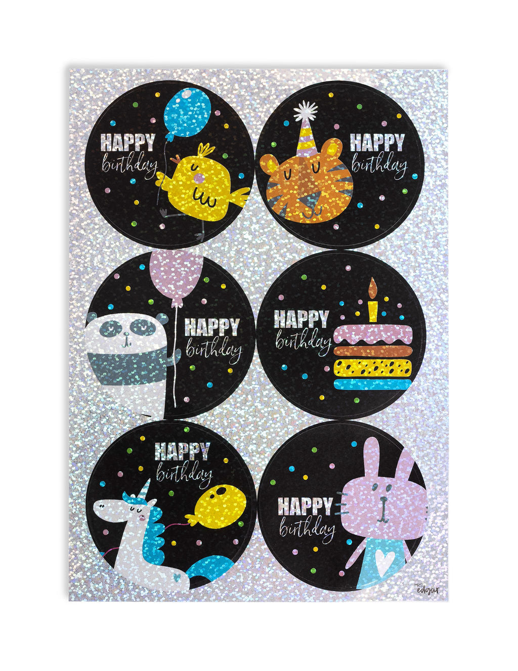 Holographic sticker sheet featuring cute animals celebrating a birthday with balloons and cake, on a black background with colourful dots and the text 'Happy Birthday.'
