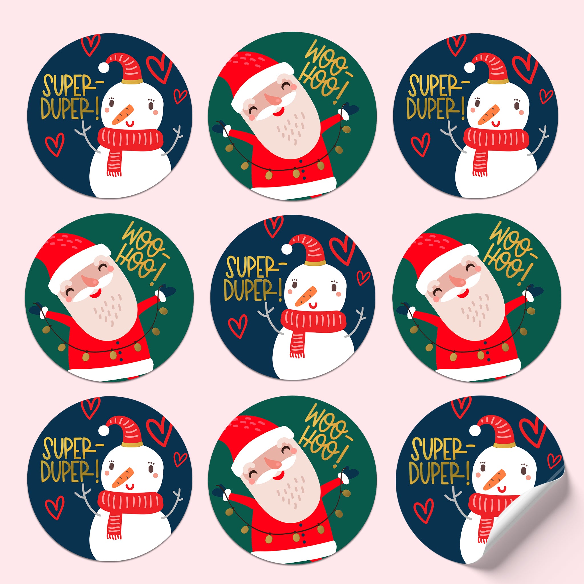 Sticker sheet with a happy snowman on a dark blue background with red hearts and gold foil 'Super-duper!' and Santa holding lights on green with 'Woo-hoo!'