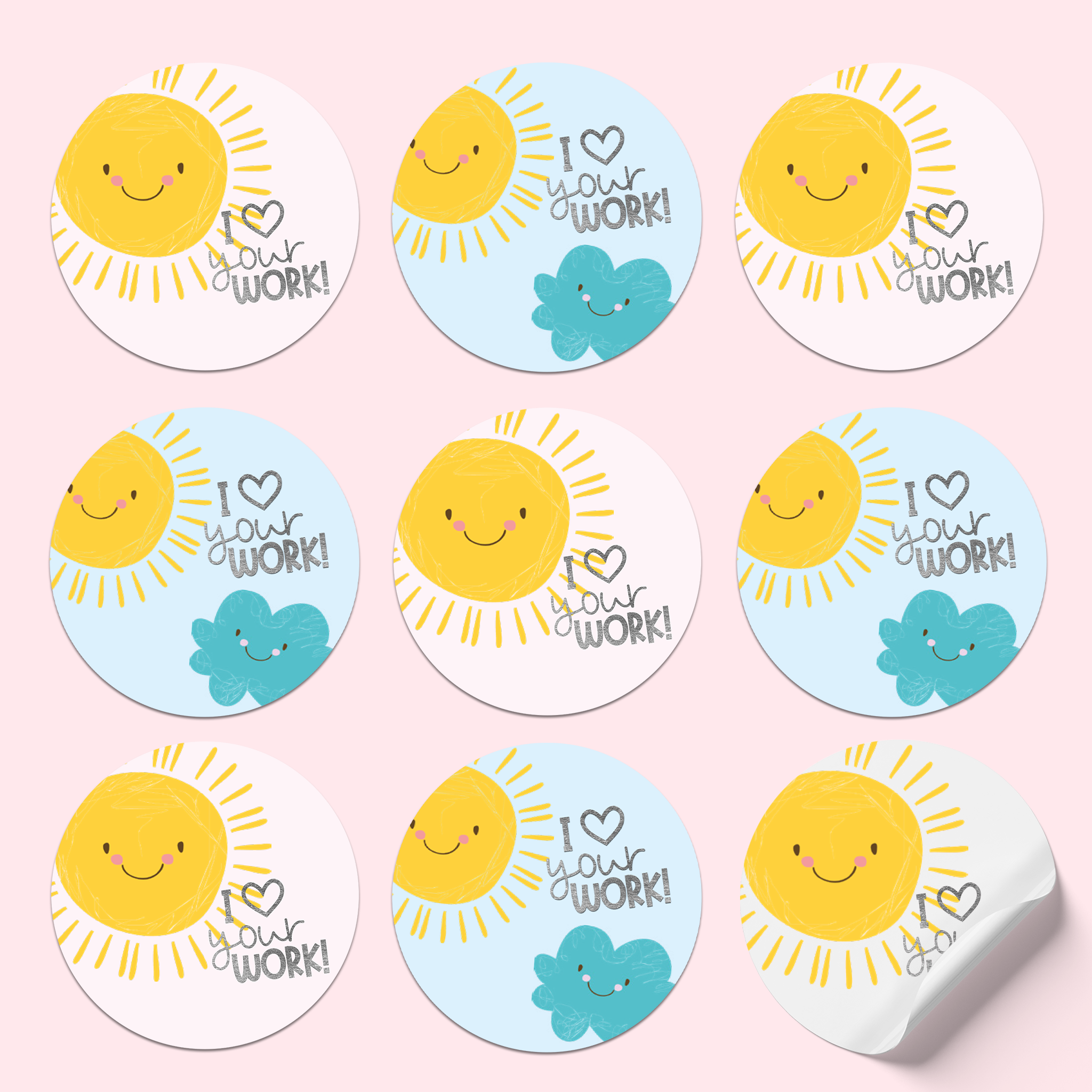 3x3 sticker sheet with alternating patterns: white background with a cheerful sun and silver foil text 'I ♥ your work,' and blue background with a cheerful sun and cloud with the same text.