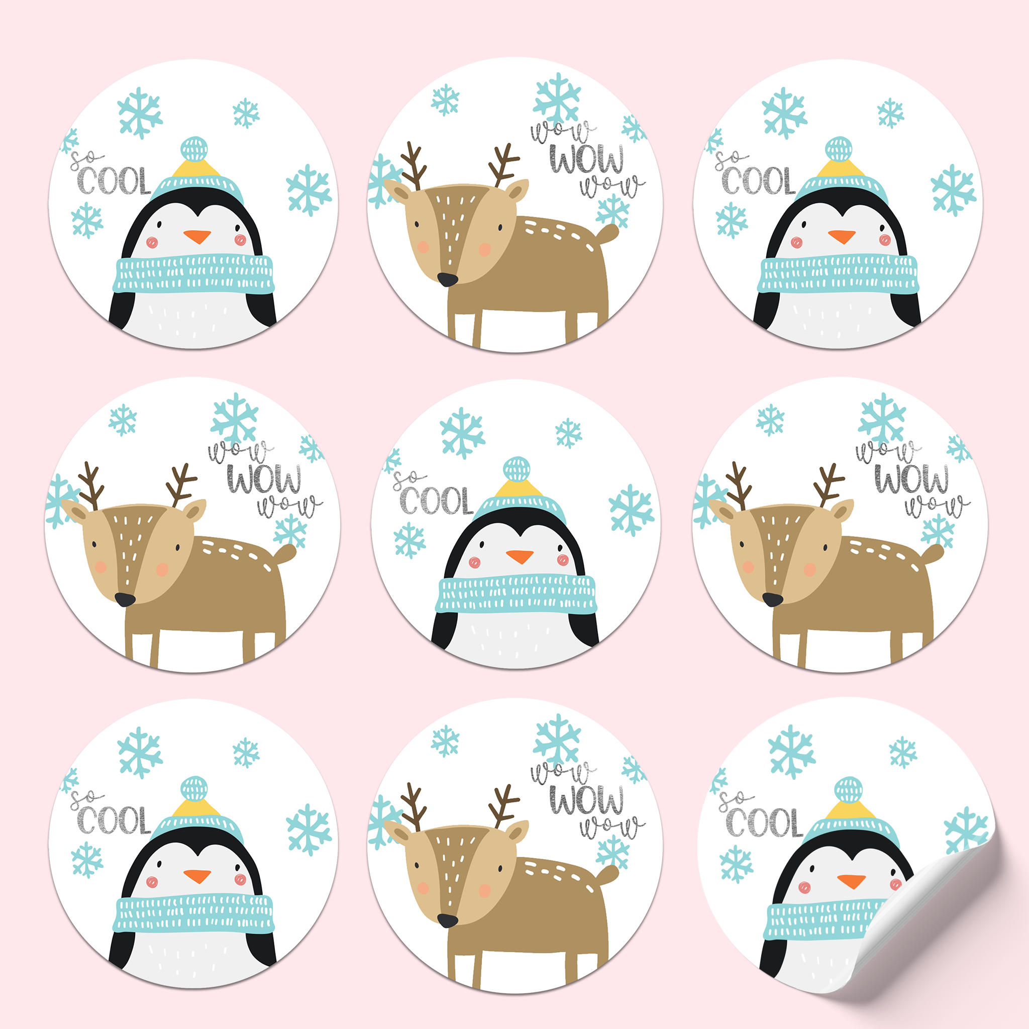 Sticker sheet with a cute penguin and reindeer on a white background with blue snowflakes, featuring silver foiled text 'So cool' and 'Wow wow wow.'