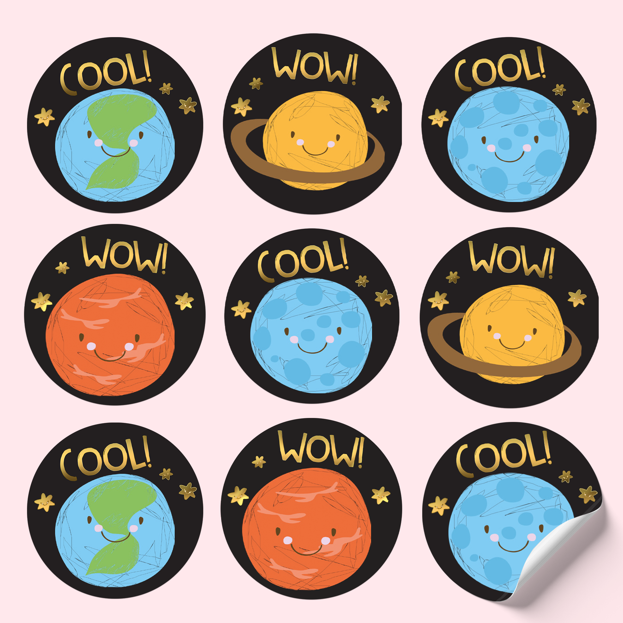 3x3 sticker sheet featuring planets on a black background, with gold text saying 'Wow!' and 'Cool!'. 
