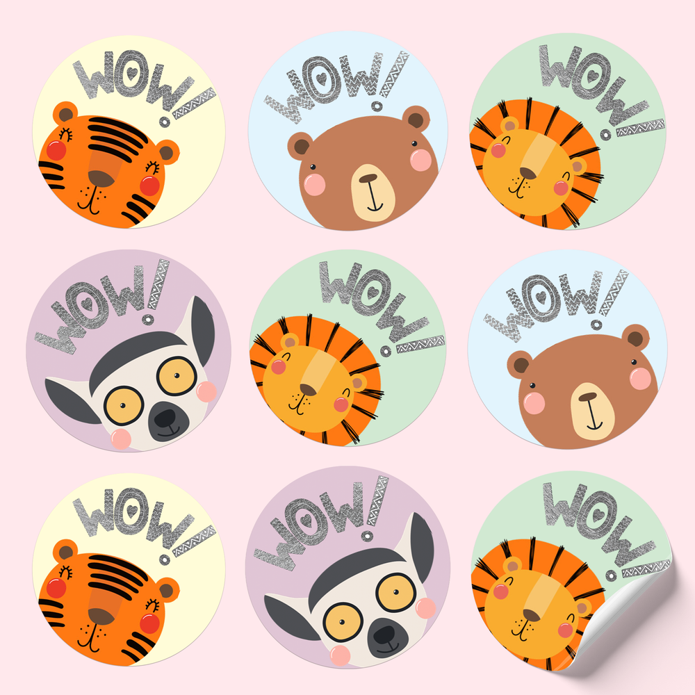 Sticker sheet featuring cute happy animals on pastel-coloured backgrounds, with large silver foiled text saying 'Wow!'