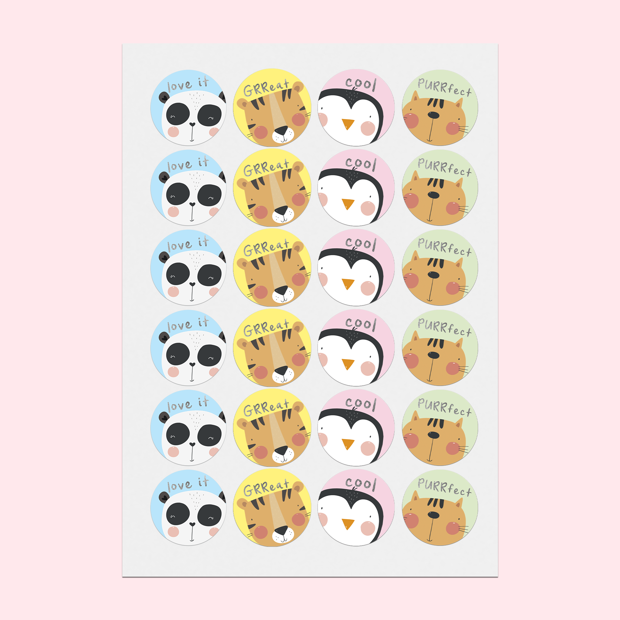 Sticker sheet with 4 columns of animal stickers featuring pandas, tigers, penguins, and cats on pastel backgrounds. Silver-foiled text reads 'Love it,' 'Grreat,' 'Cool,' and 'Purrfect.'